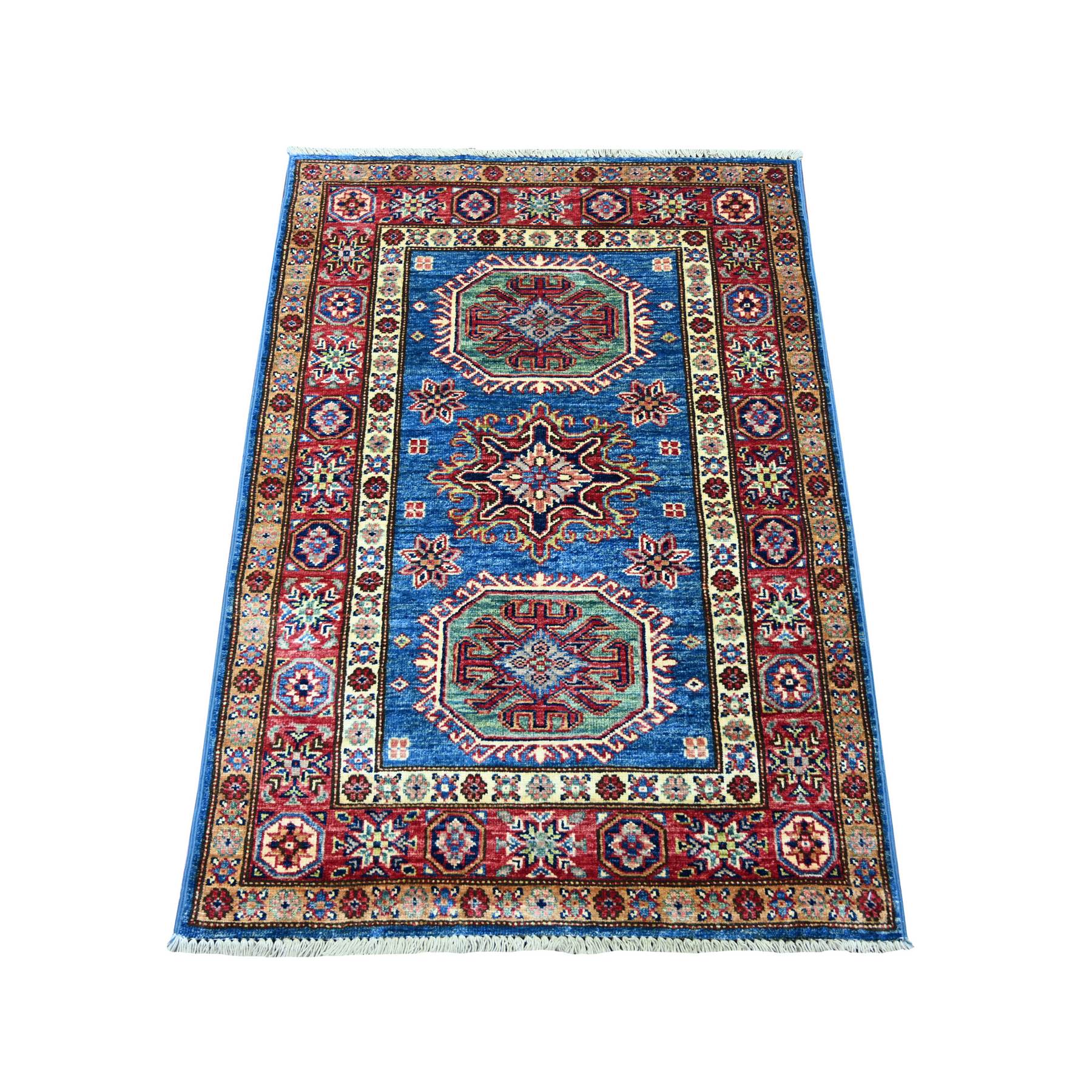 2'10"x4' Cerulean Blue, Afghan Super Kazak with Geometric Medallions Design, Hand Knotted, Vegetable Dyes, Pure Wool, Sample, Mat, Oriental Rug 